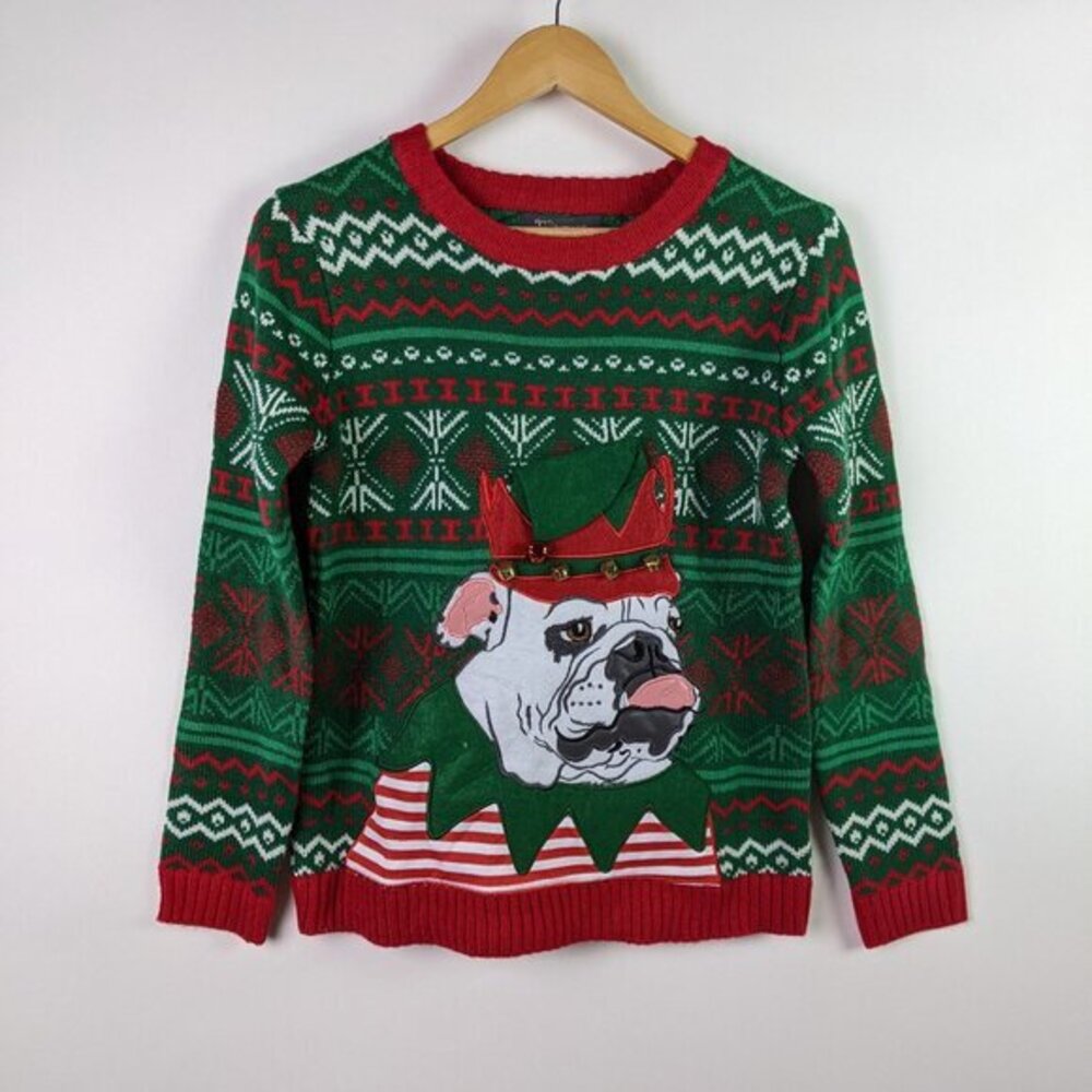 33 Degrees Big Kids 14/16(L) Christmas Green Bulldog Elf Holiday Pullover
